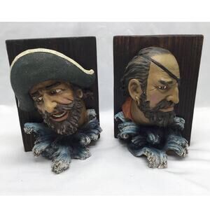 Bookends Vintage Pair of Resin Buccaneer Pirates on Wood Plank